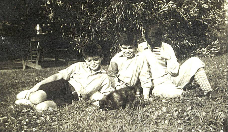 Eight-year-old Vincent with his two brothers and dog